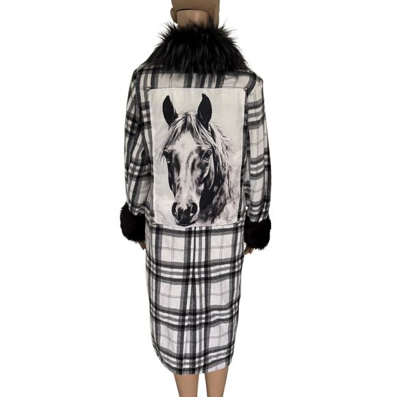 Upcycled Plaid Coat Faux Fur Collar Cuffs Horse Patch Midi Warm Winter Jacket M - Picture 3 of 8